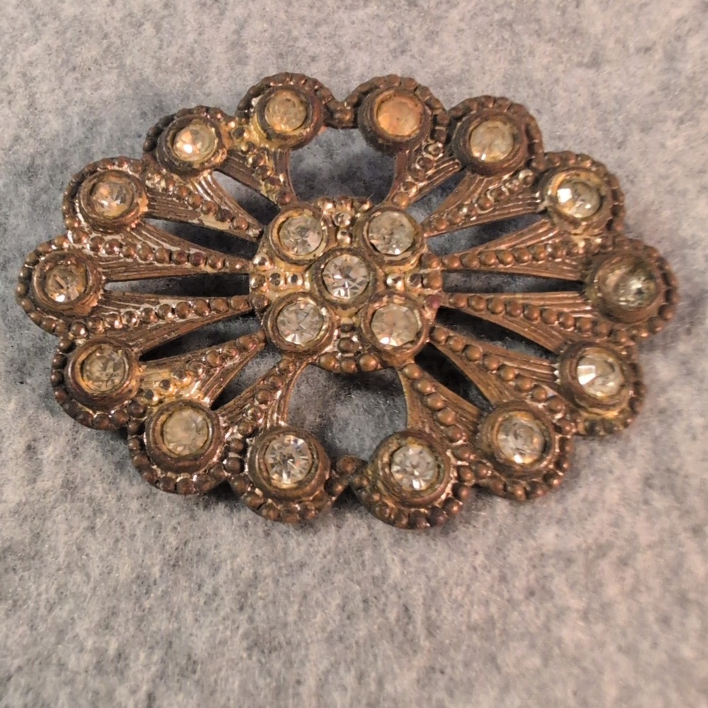 Vintage Ornate Rhinestone Brooch Pin Gold Tone Floral Sunburst Art Deco